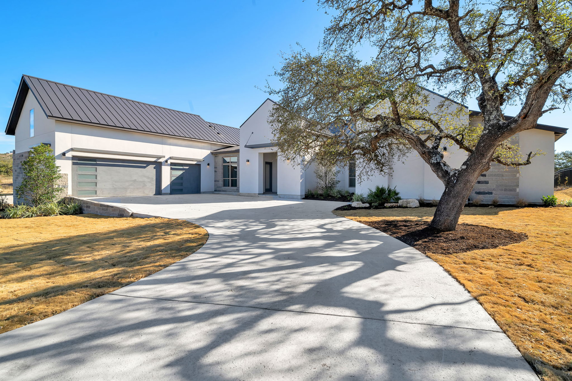 Modern white stucco custom home in San Antonio with a dark standing-seam metal roof and a live oak in the front yard
