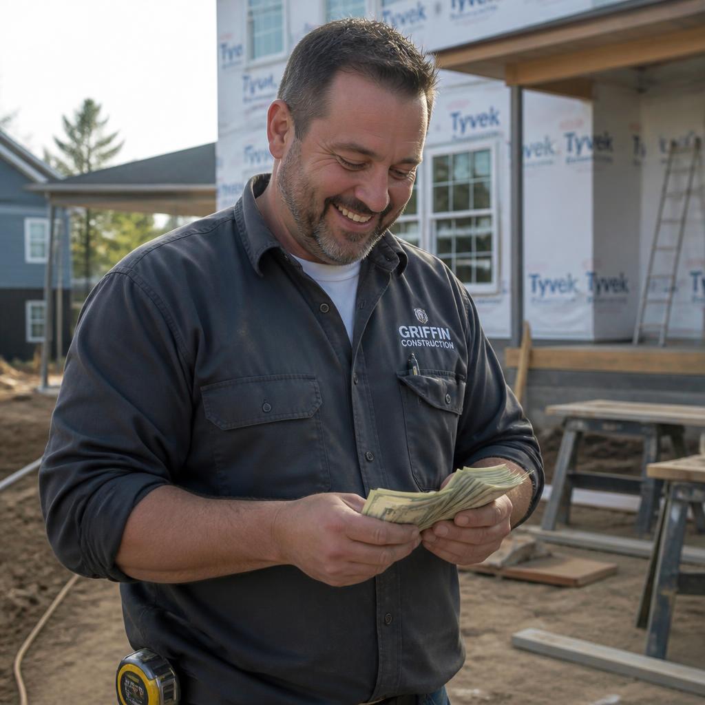 A contractor smiling while counting cash on a residential job site